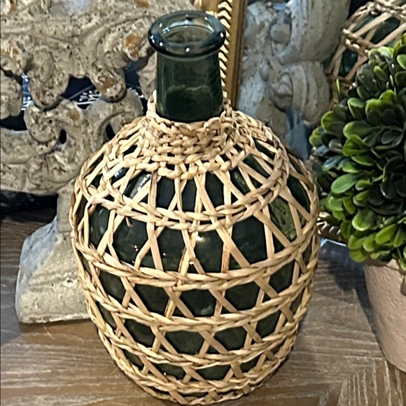 Other - NEW! Mediterranean Woven Rattan Blue Glass Bottle Vase